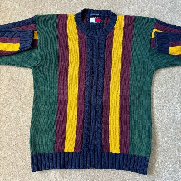 Vintage Tommy Hilfiger Chunky Knit Colorblock Stripe Pullover Sweater Cotton - Picture 5 of 10